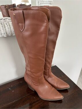 Tall Faux Leather Brown Heeled Boots